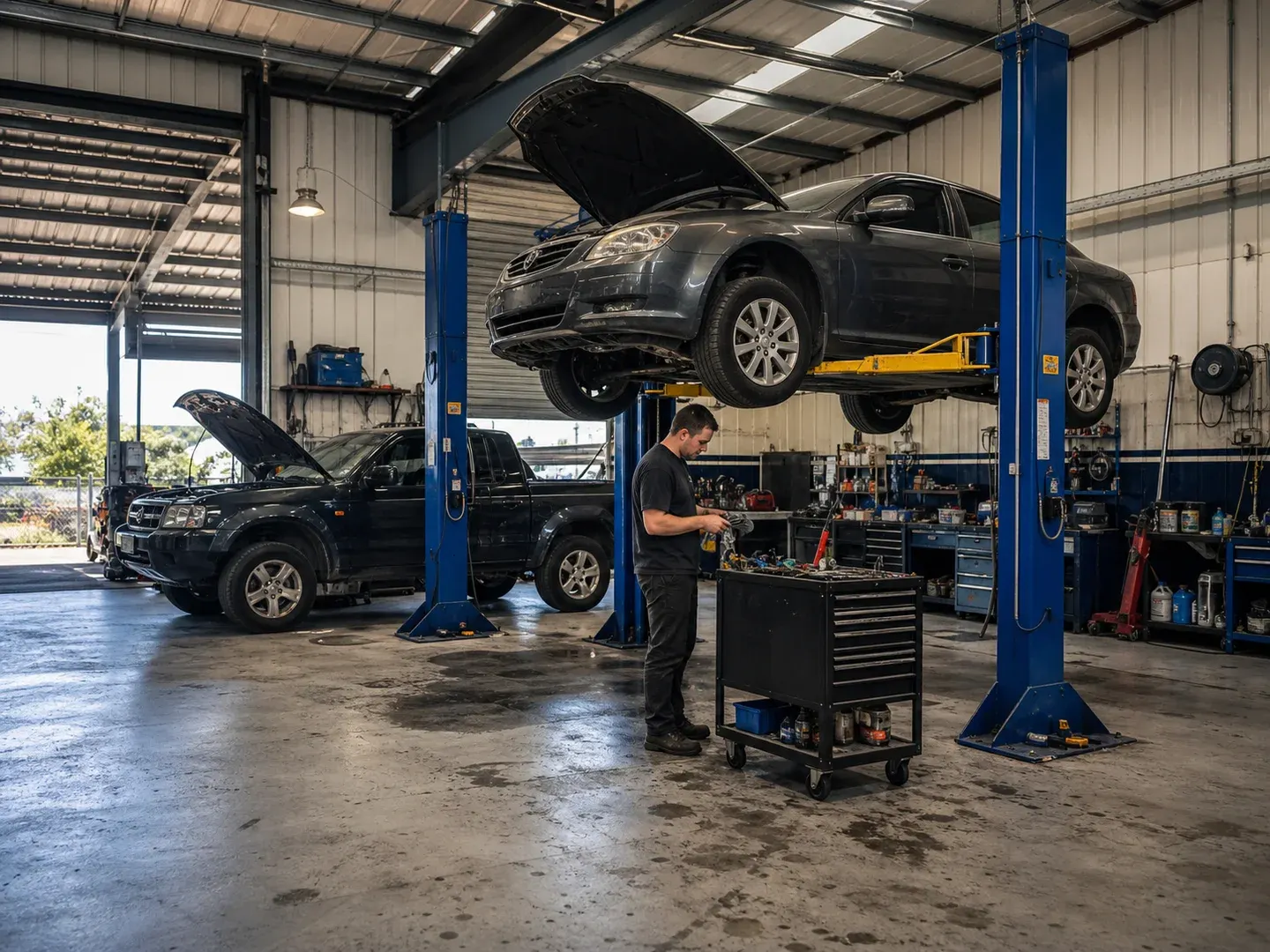 Illustrative scene: An owner-operated Australian automotive repair workshop with two vehicle hoists, one newly installed lift raising an ordinary car, a mechanic checking tools beside it, older functional bays behind. Not the actual customer or their asset.