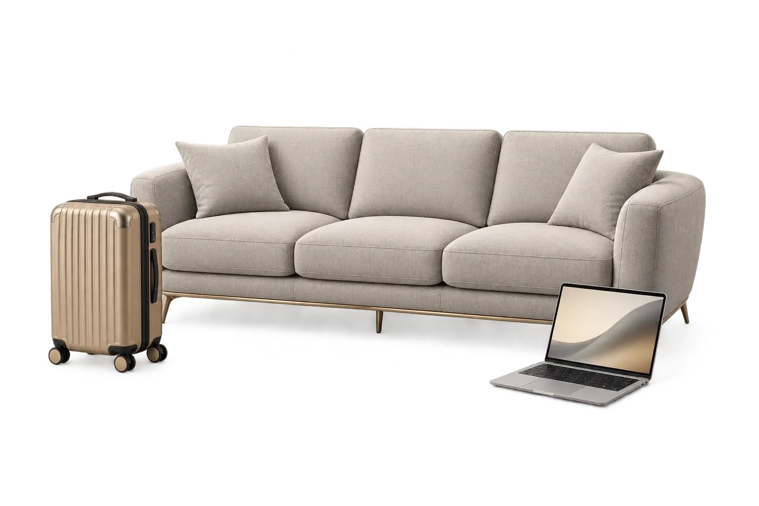 Warm-grey sofa, champagne suitcase and silver laptop — illustrative personal loan purchases
