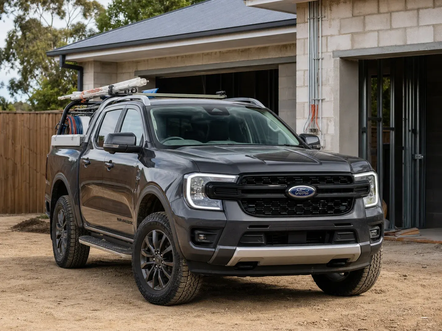 Illustrative scene: A 2026 Ford Ranger Wildtrak double-cab ute parked at an Australian electrician's residential job, authentic Wildtrak trim and Ford grille badge, tools secured in the tub and electrical conduit near unfinished garage. Not the actual customer or their asset.