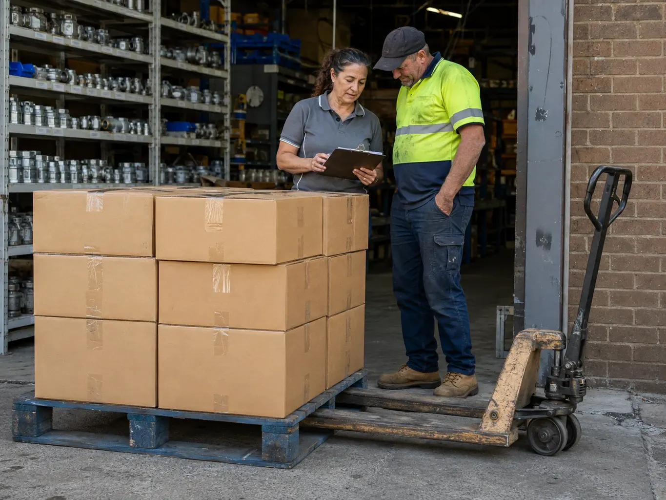 Illustrative business finance scene: A wholesale business owner and delivery worker checking a delivery docket beside cartons at an Australian industrial parts supplier