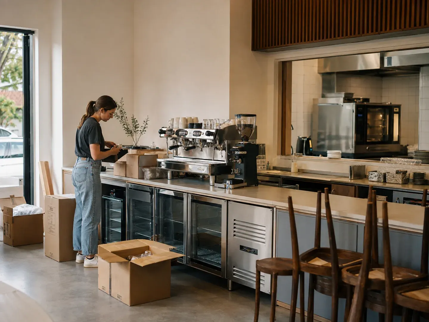 Illustrative scene: An Australian neighbourhood cafe getting ready to open a second location: commercial espresso machine on counter, under-counter refrigeration, compact commercial oven visible through serving hatch, stacked simple cafe chairs. Not the actual customer or their asset.