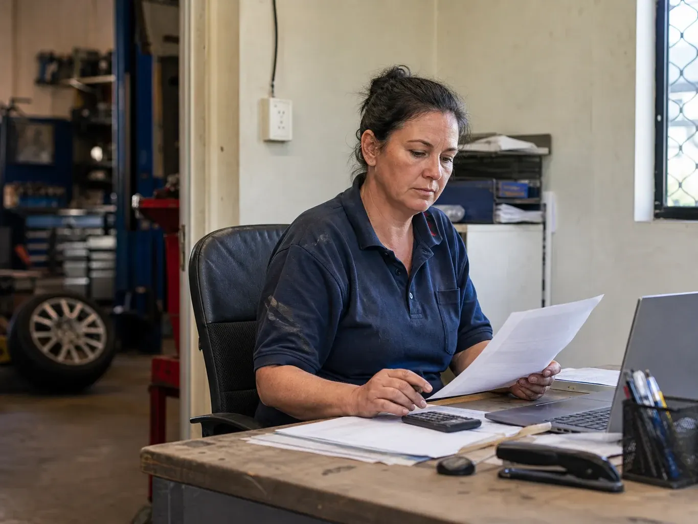 Illustrative business finance scene: A mechanical workshop owner reviewing business accounts at her office desk