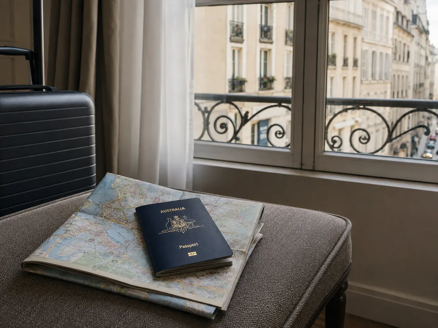 Illustrative scene: Tasteful everyday travel still life: an Australian passport with accurate dark navy cover and gold Australian coat of arms, cabin suitcase and folded city map on a small European hotel room luggage bench, window overlooking an ordinary old European street. Not the actual customer or their asset.