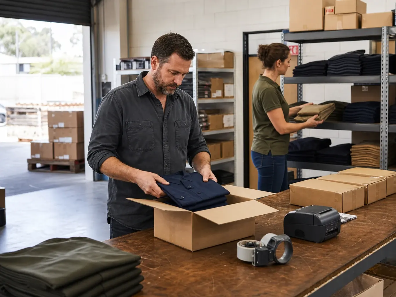 Illustrative business funding use case: a small workwear retailer preparing customer orders and organising stock for dispatch