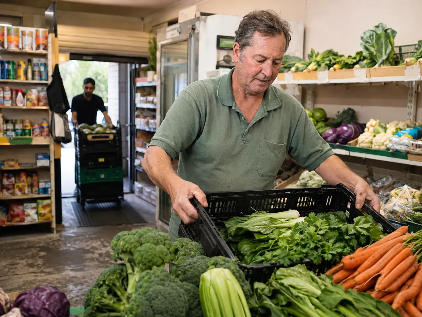 Illustrative business finance scene: A neighbourhood grocery shop owner restocking fresh produce while a worker brings in crates