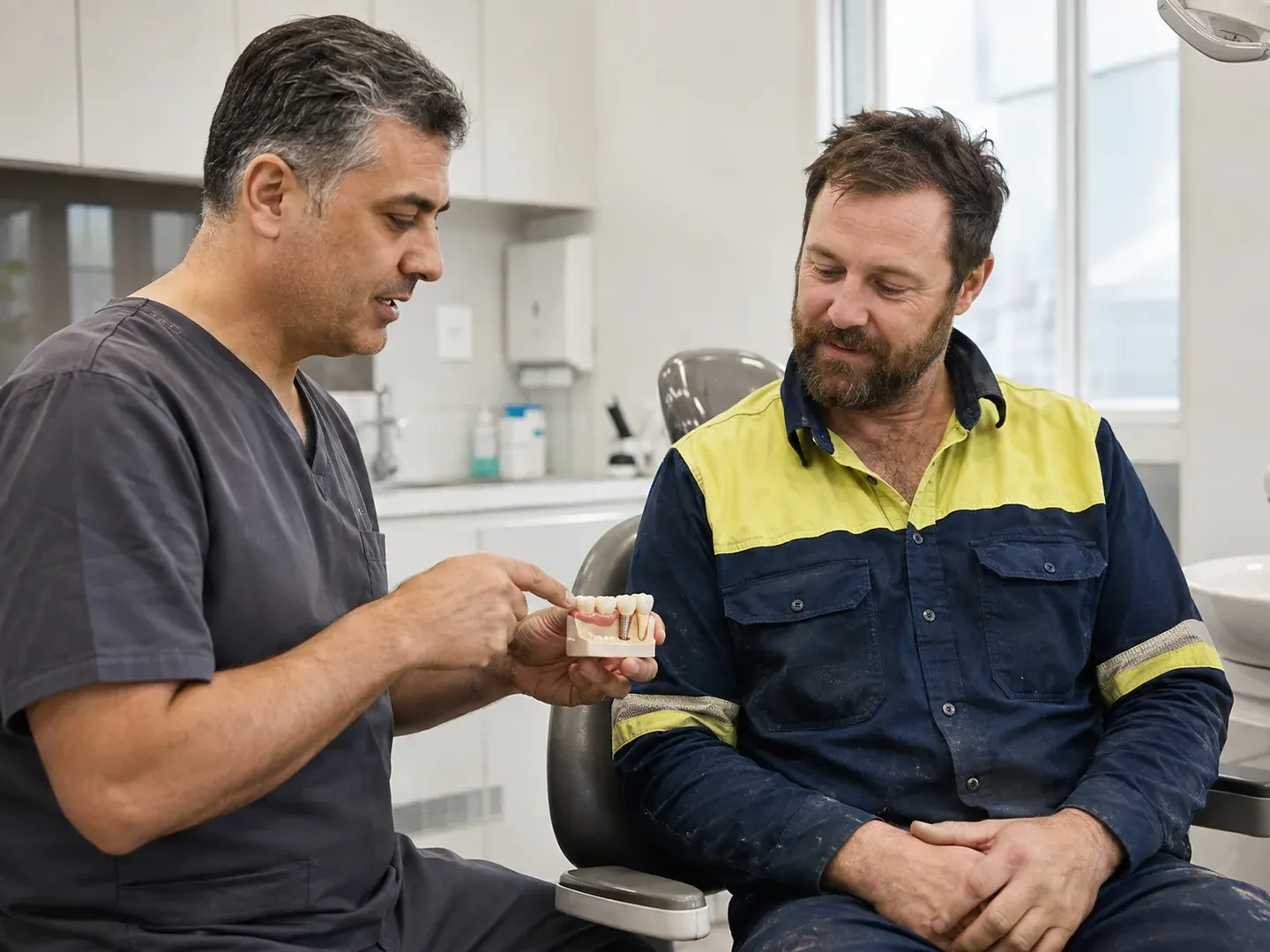 Illustrative scene: An Australian self-employed electrician in a navy work shirt with fluorescent yellow work panels sitting upright in a dental chair, a dentist explaining restorative treatment using a small jaw model showing a bridge and crown. Not the actual customer or their asset.