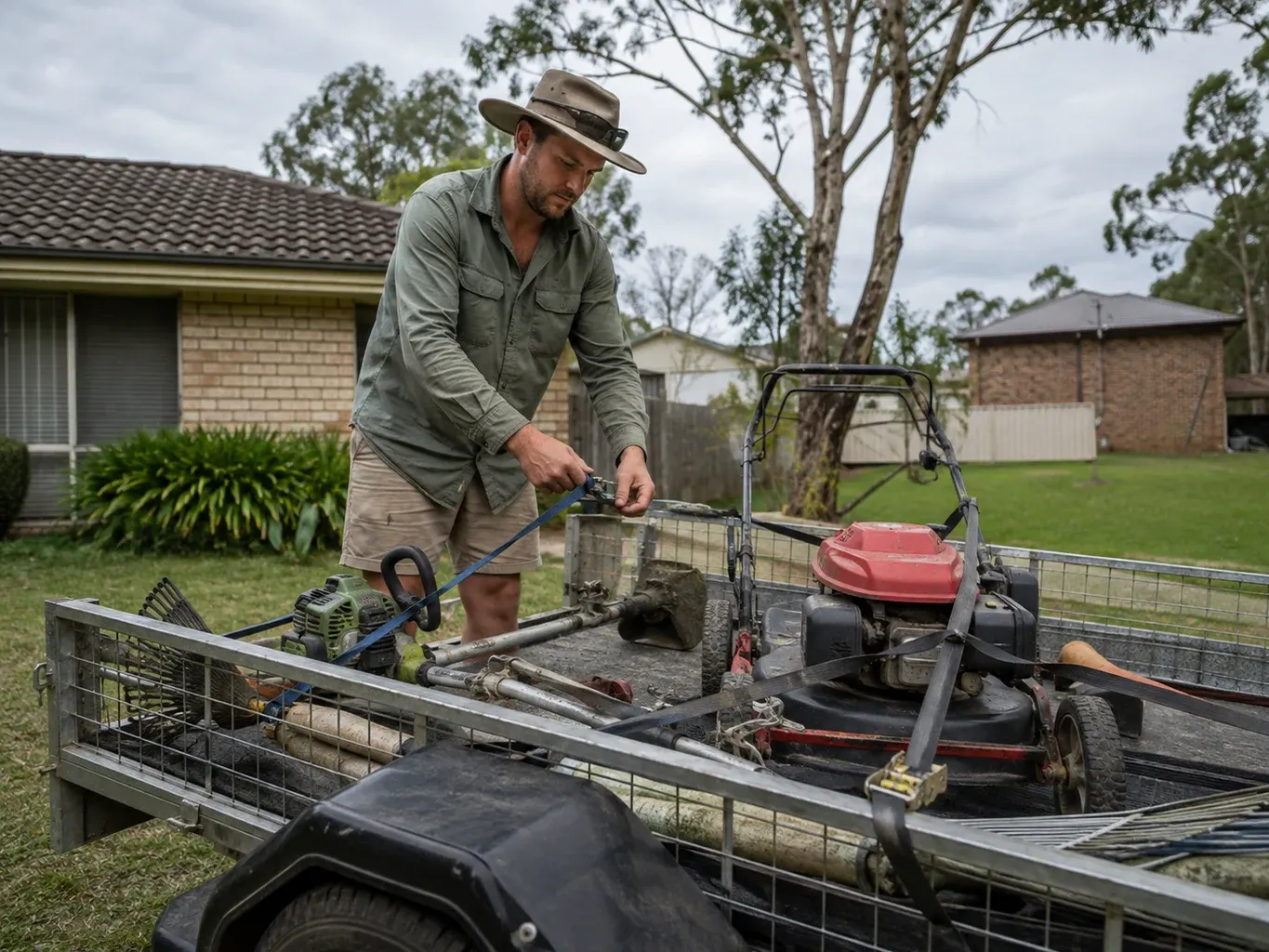 Illustrative business finance scene: A lawn-care business owner securing equipment in a utility trailer outside an Australian suburban home