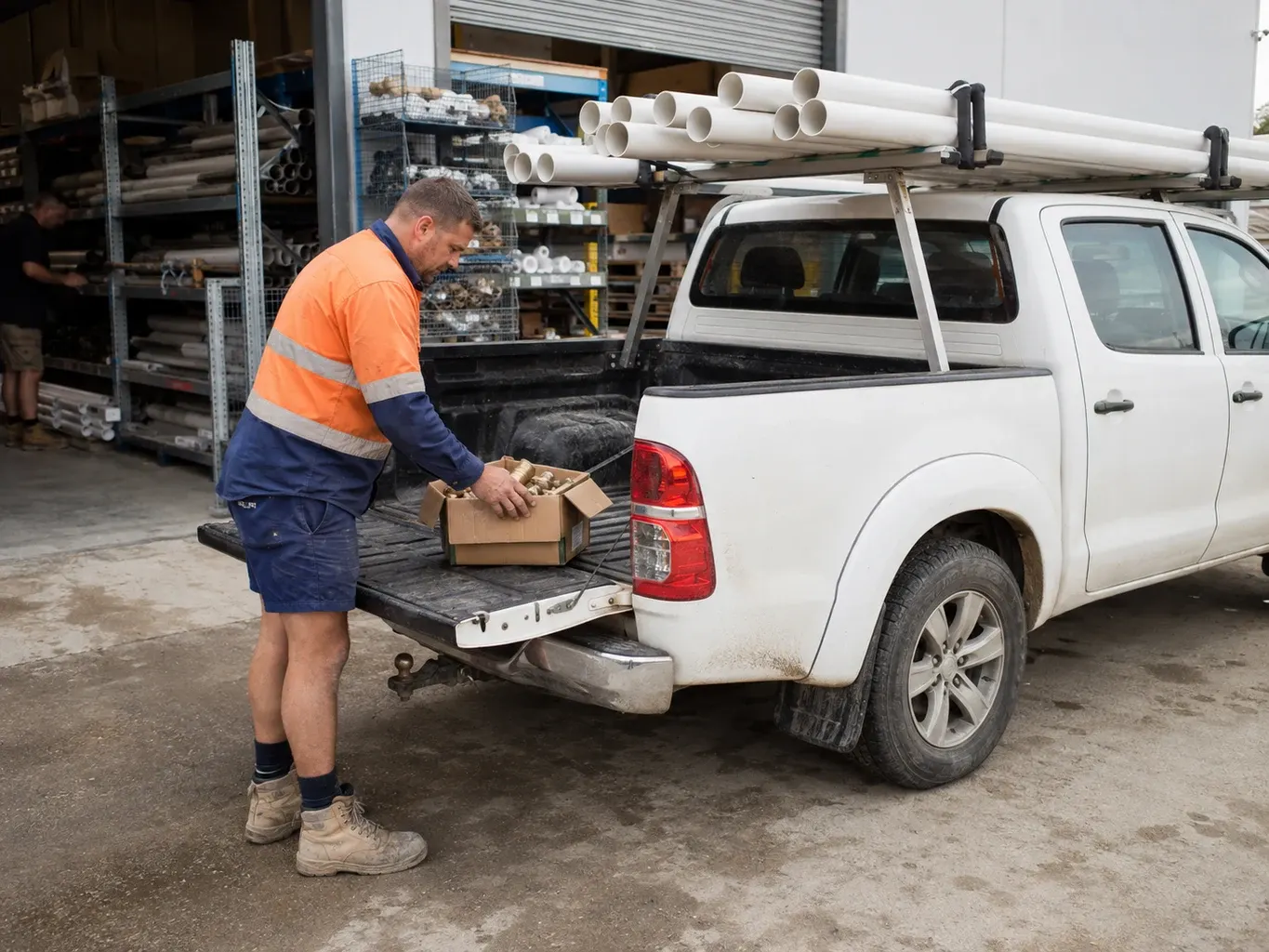 Illustrative flexible business funding use case: a plumber loading fittings into a work ute at a plumbing supplier's yard