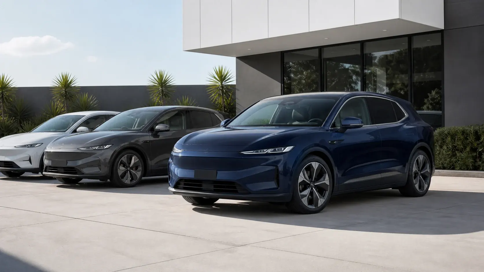 Electric vehicles outside a modern dealership