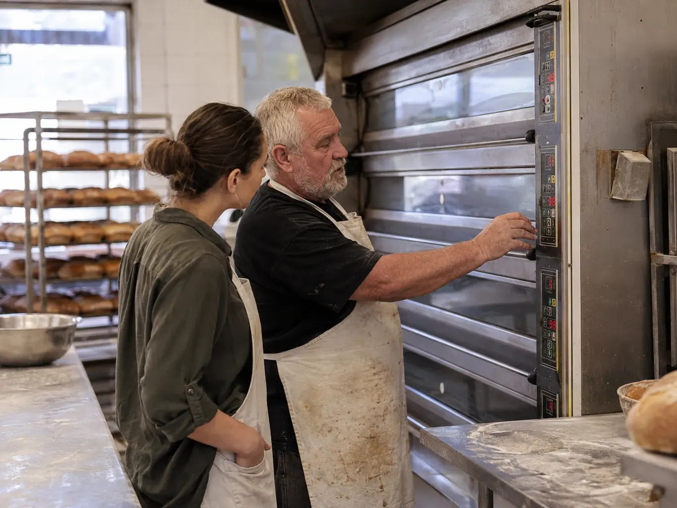 Illustrative business finance scene: An established bakery owner showing the incoming owner how to operate a commercial bread oven