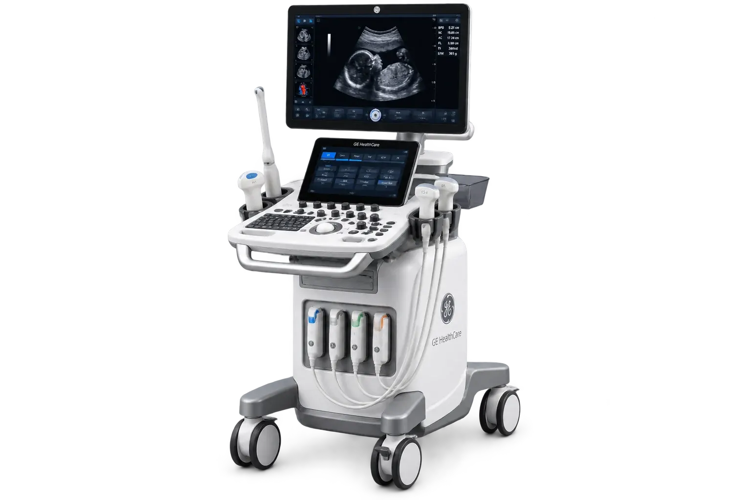 White and light-grey GE HealthCare ultrasound machine — illustrative equipment graphic