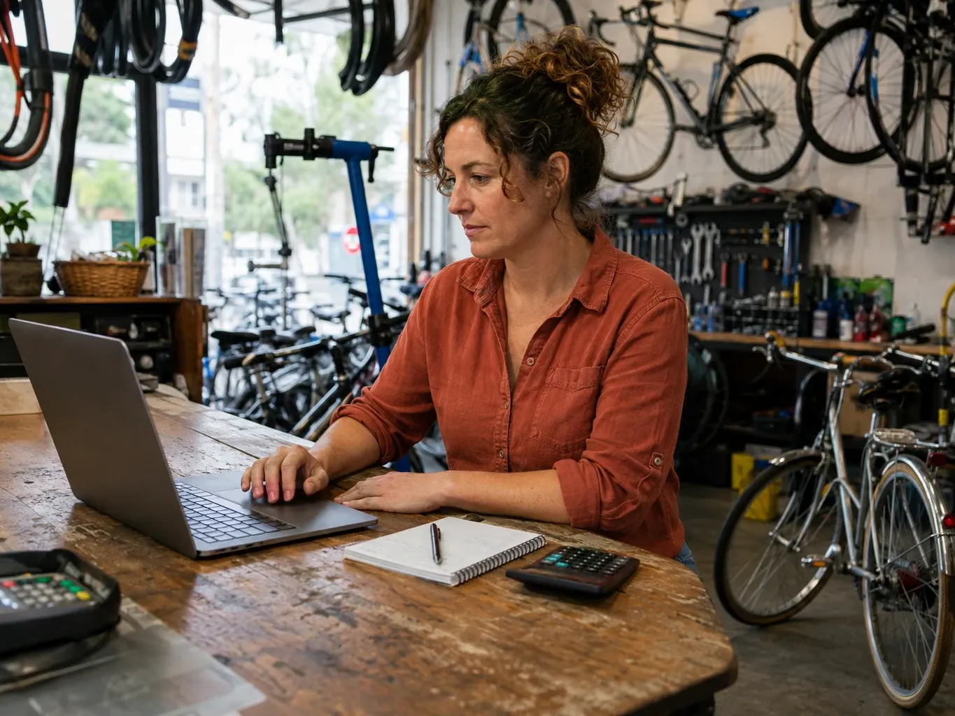 Illustrative business finance scene: A bicycle shop owner reviewing finance options on her laptop at the service counter