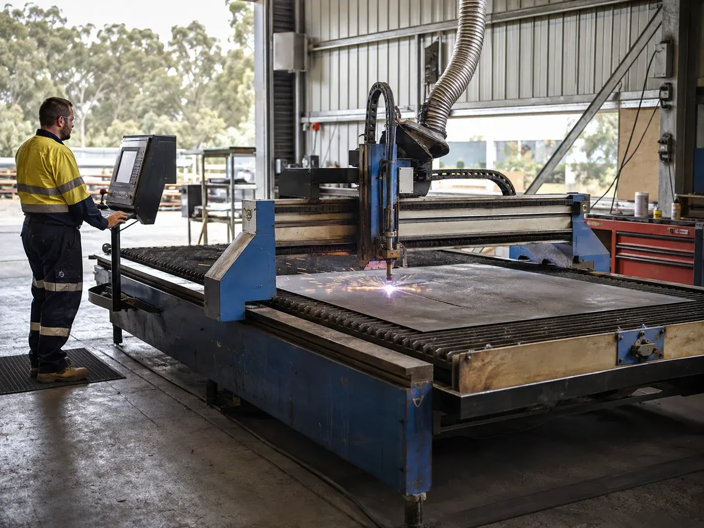 Illustrative scene: A used CNC PLASMA CUTTING TABLE in an Australian metal fabrication workshop, flat steel plate on open slatted bed, gantry cutting head making a small bright plasma cut with a few sparks, extraction visible. Not the actual customer or their asset.