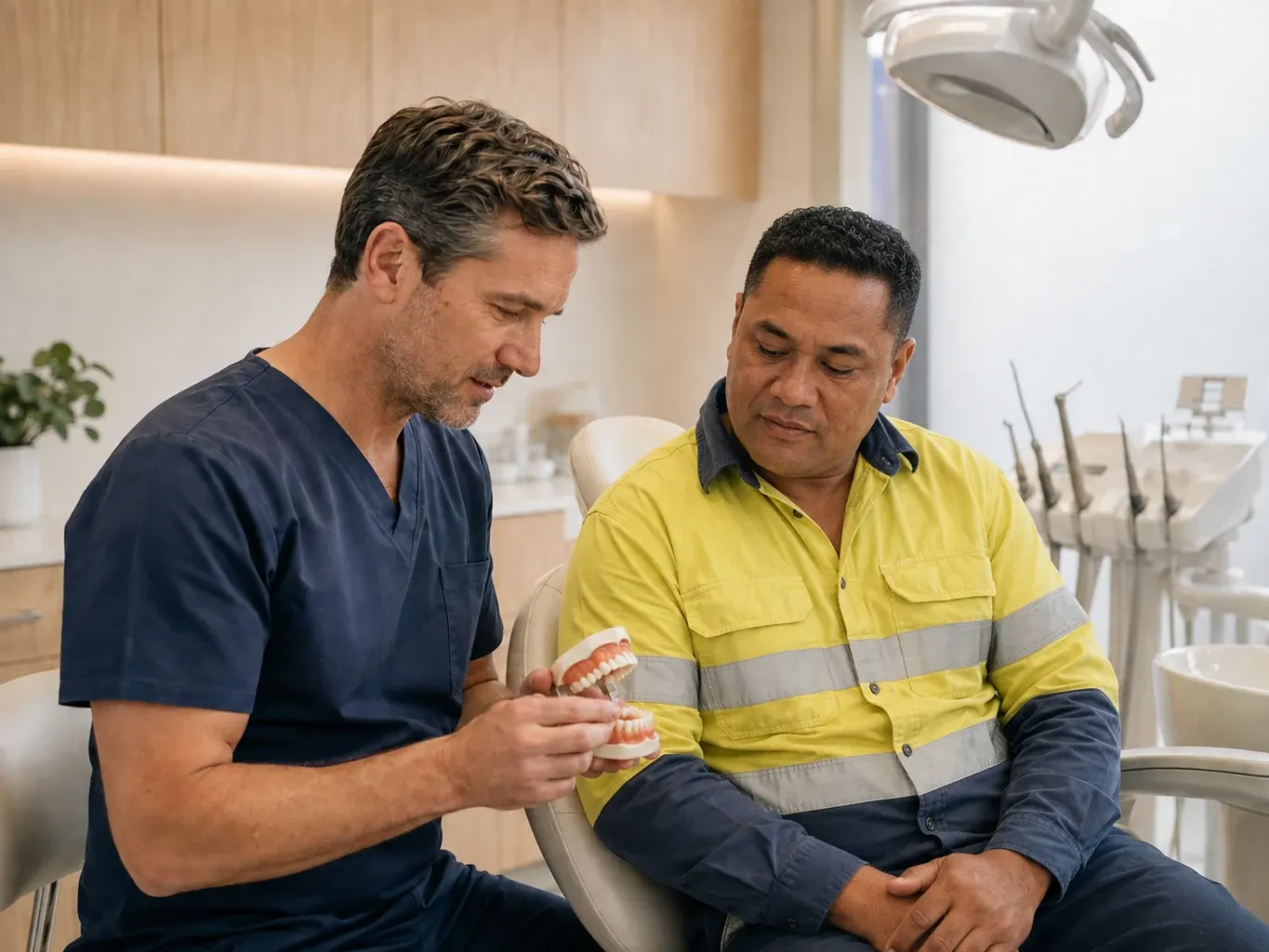 Illustrative dental consultation: dentist explaining a treatment plan to an adult patient wearing hi-vis workwear