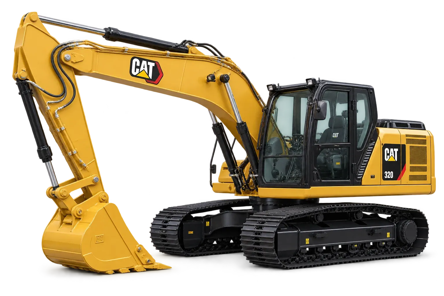 Yellow CAT 320 excavator — illustrative equipment graphic