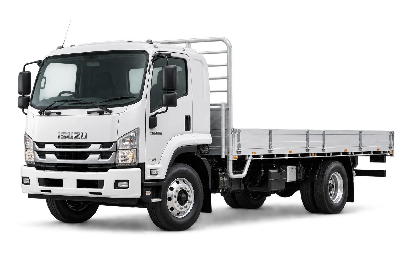 White Isuzu F Series truck with aluminium tray — illustrative vehicle graphic