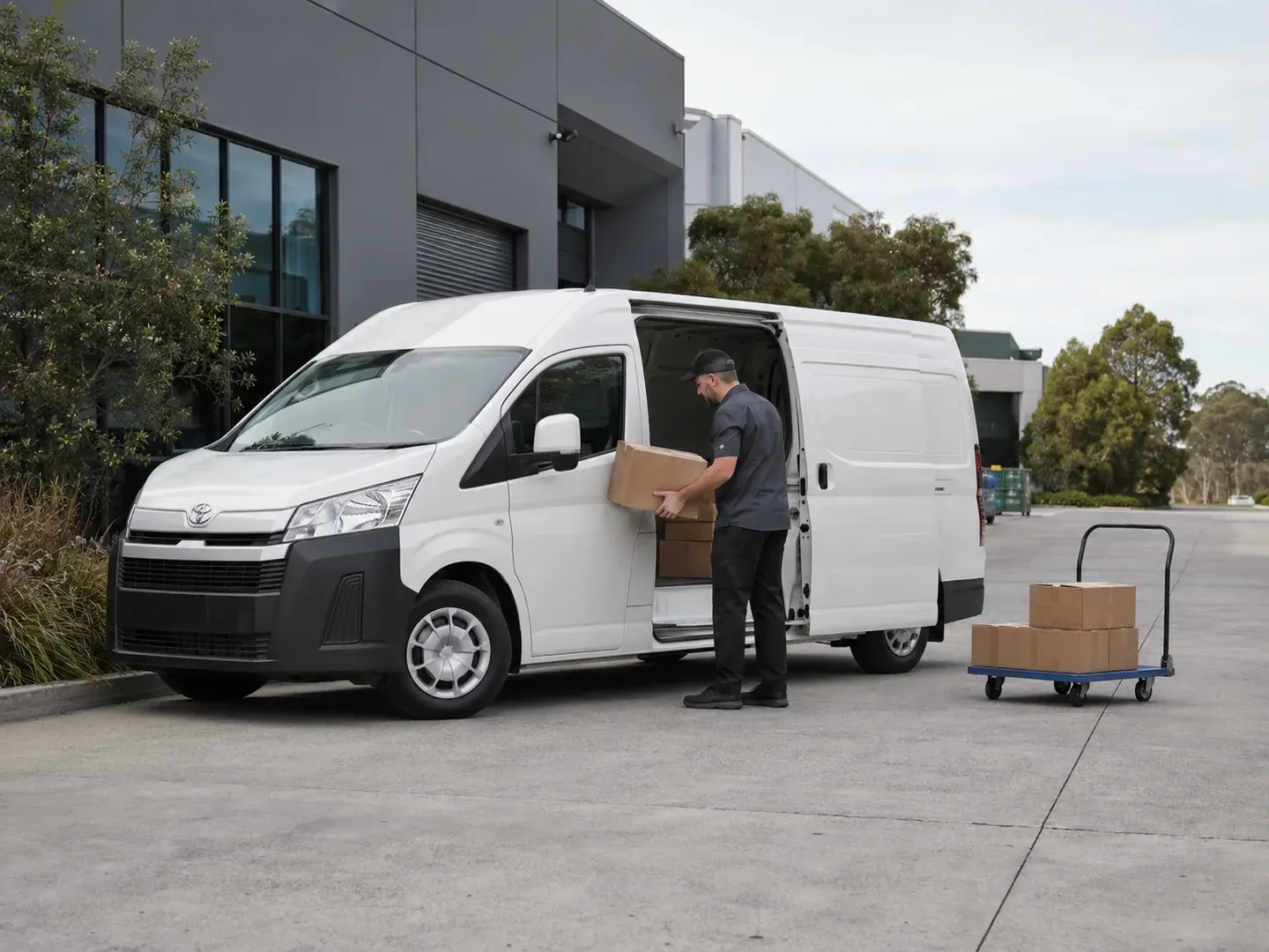 Illustrative scene: A white 2025 Toyota HiAce long-wheelbase courier van with sliding side door open, a delivery driver loading a few parcels at an Australian industrial driveway. Not the actual customer or their asset.