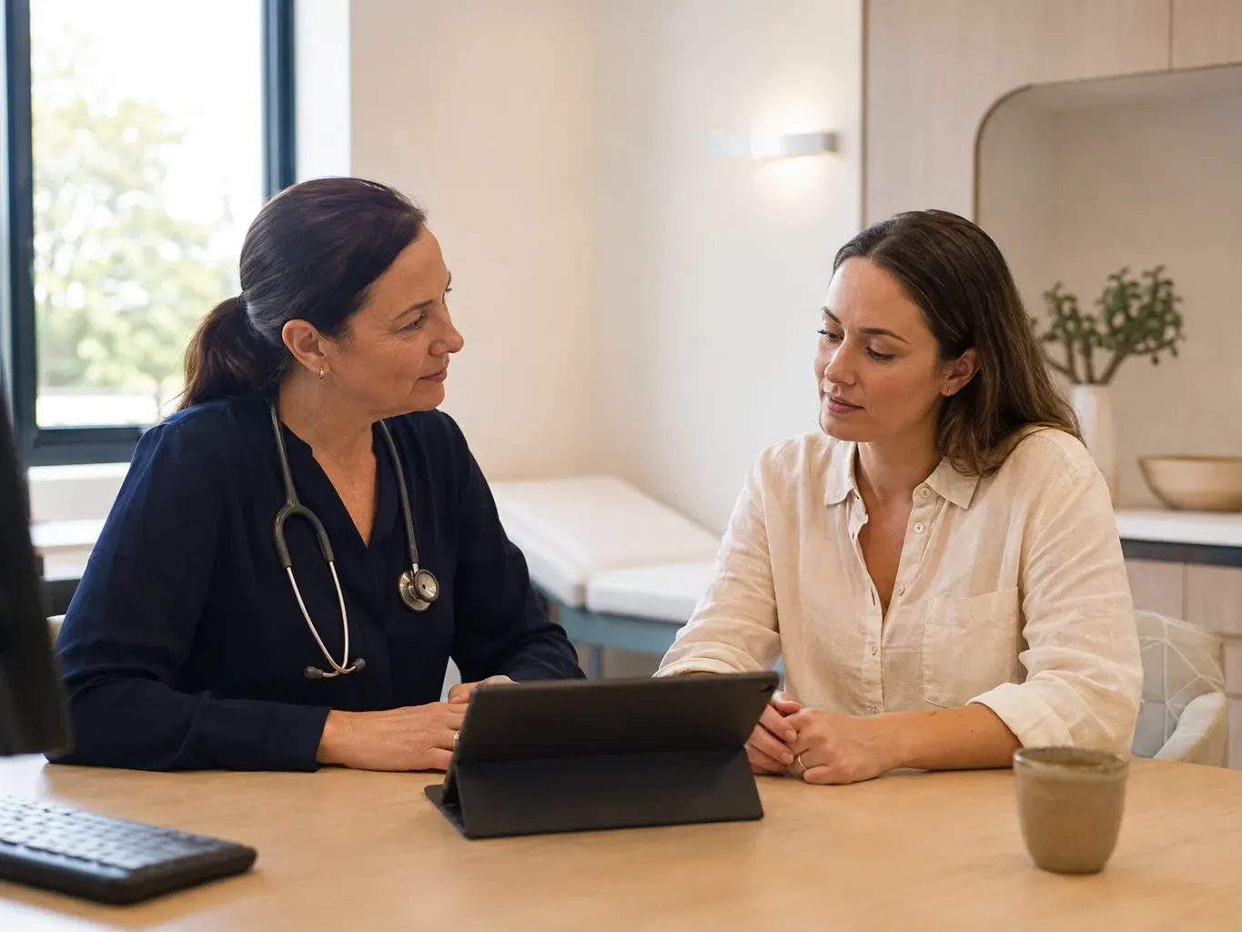 Illustrative planned-care consultation between a doctor and an adult patient in a contemporary clinic
