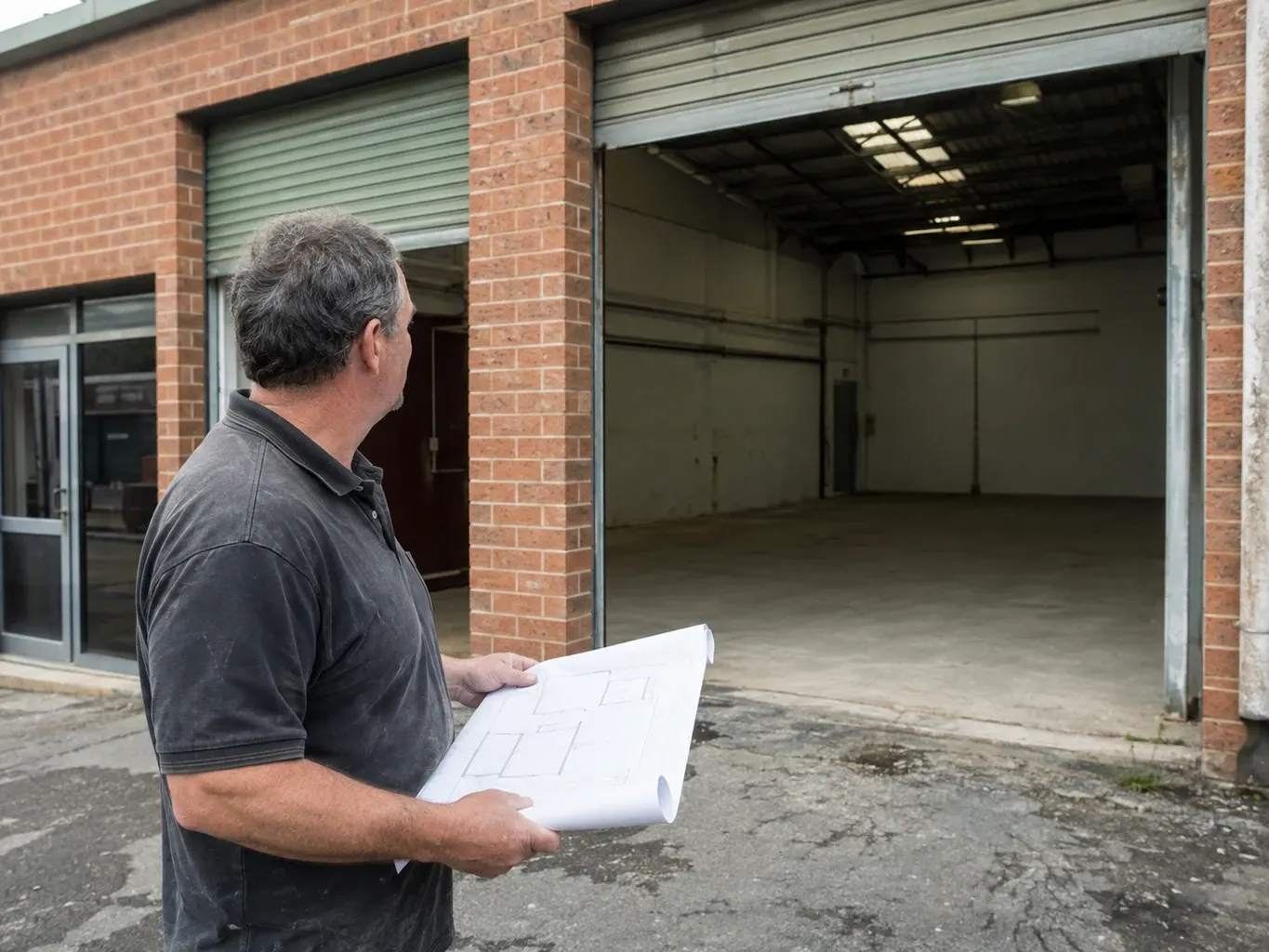 Illustrative business finance scene: A business owner reviewing a floor plan outside an industrial workshop unit