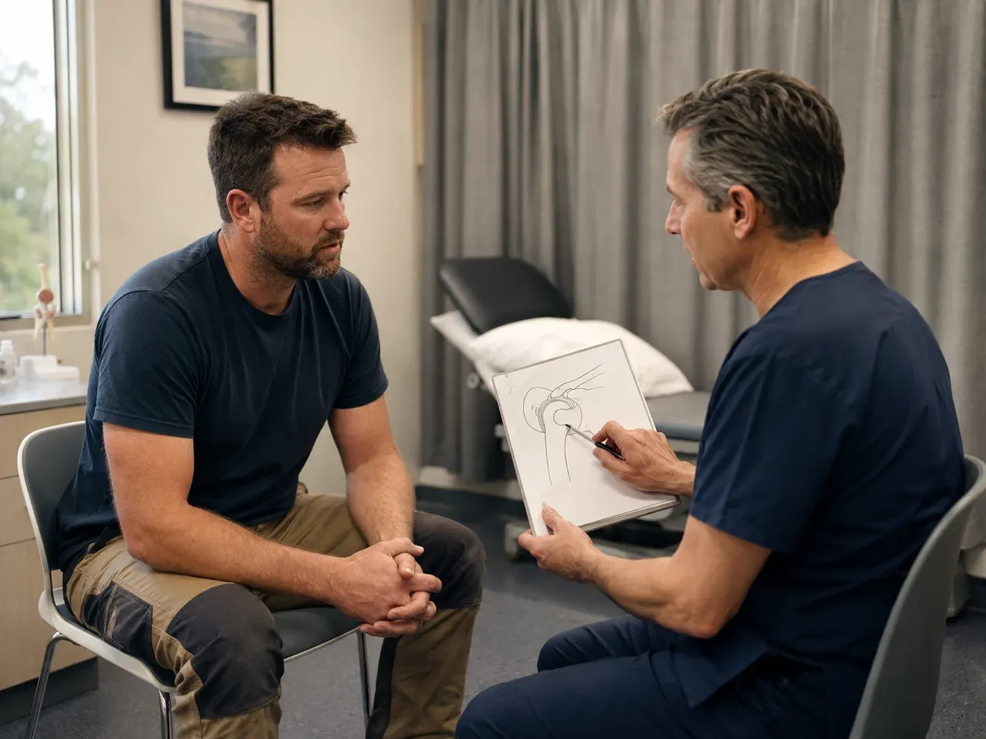 Illustrative scene: A warehouse worker in casual everyday clothing speaking with a clinician in a modest private medical consulting room about a planned procedure, clinician showing a simple unlabelled diagram, exam bed and closed curtain behind. Not the actual customer or their asset.