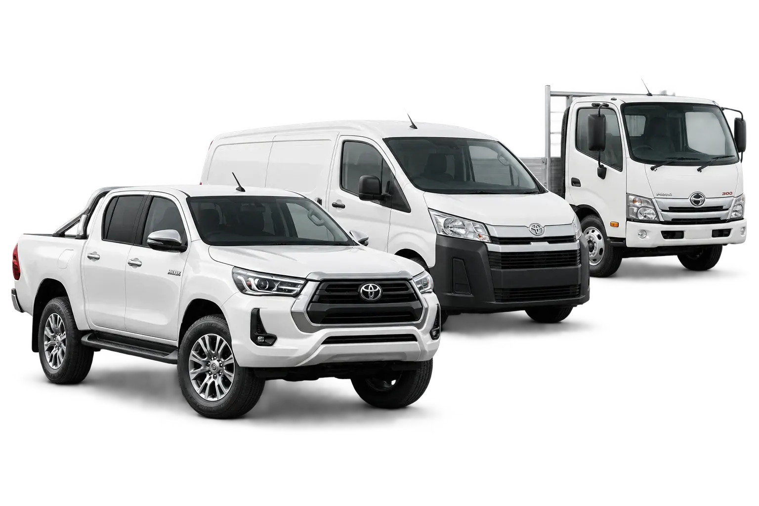 White Toyota HiLux, Toyota HiAce and small Hino truck fleet — illustrative vehicle graphic
