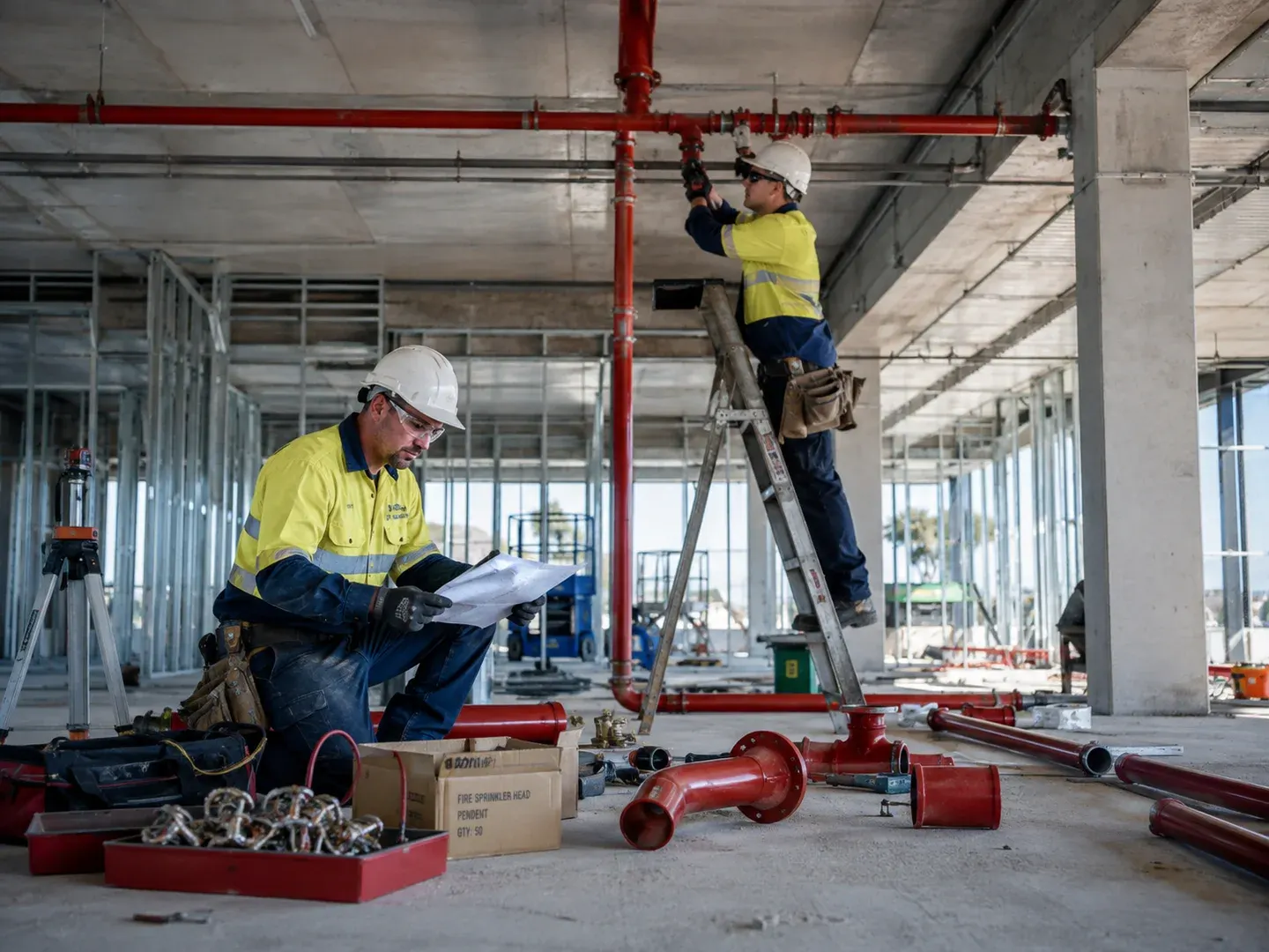Illustrative scene: An Australian fire-protection services crew installing red fire-sprinkler pipe in a commercial building under construction. Not the actual customer or their asset.