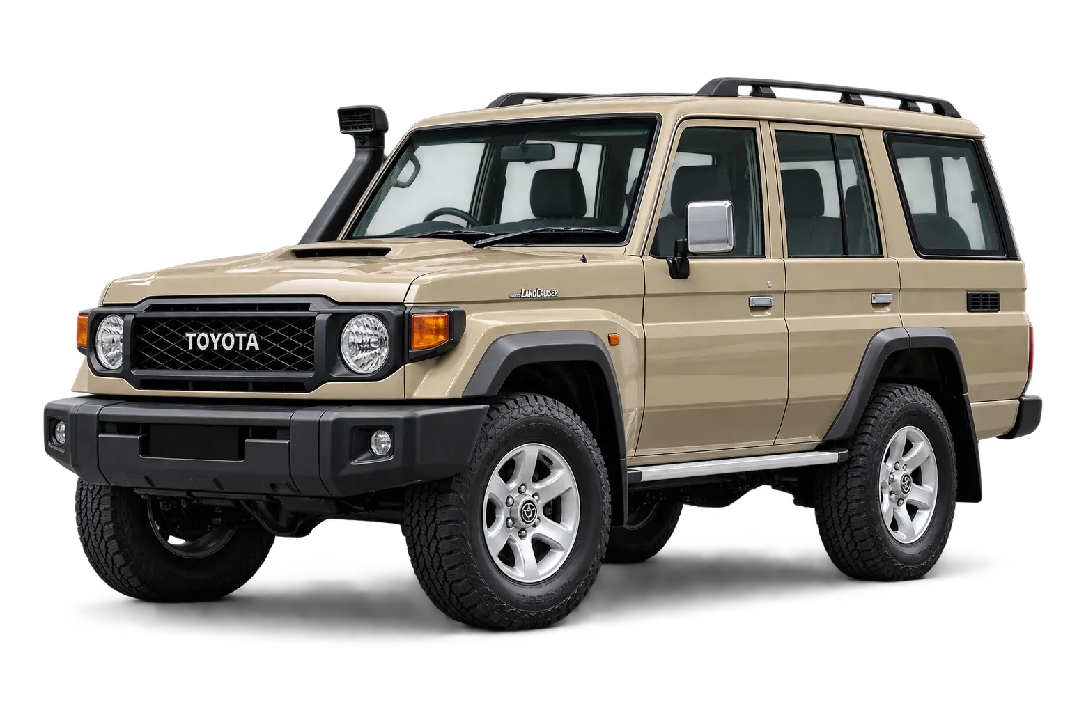 Sandy taupe Toyota LandCruiser 70 Series wagon — illustrative vehicle graphic