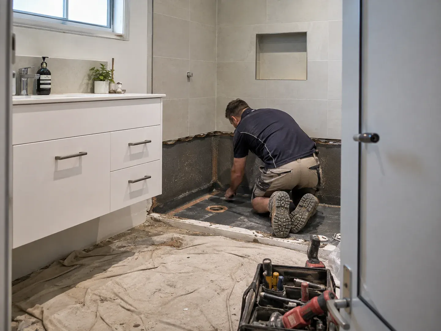 Illustrative scene: A real Australian bathroom during urgent waterproofing repair: shower floor tiles removed, substrate and waterproofing membrane exposed, a tradesperson kneeling to inspect the shower corner, tiled vanity area retained. Not the actual customer or their asset.