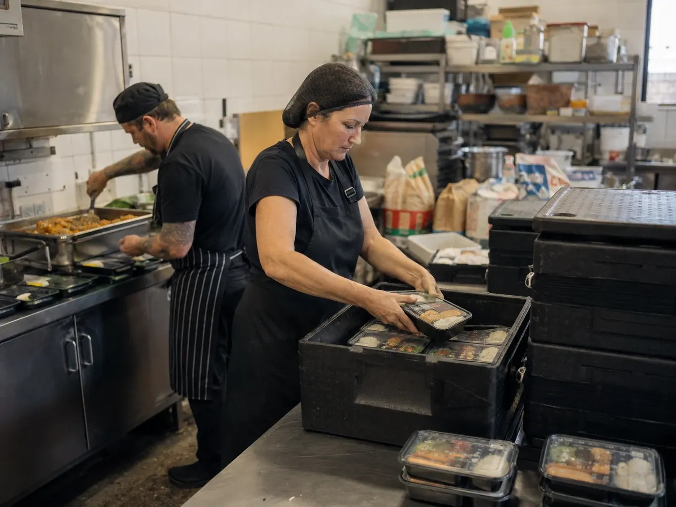 Illustrative business finance scene: A catering team packing prepared meals into insulated delivery crates