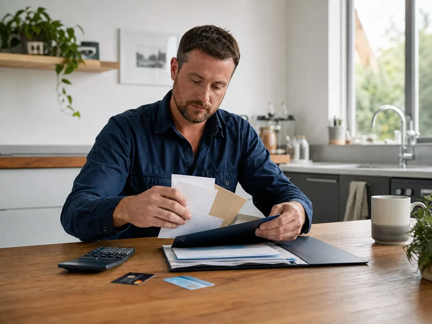 Illustrative scene: An Australian roof plumber in practical navy work shirt sitting at a kitchen table, arranging three unbranded credit-card and personal-loan envelopes into a single tidy folder, calculator and plain bank cards nearby. Not the actual customer or their asset.