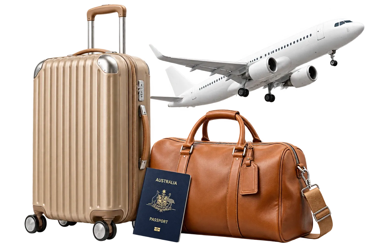 Champagne suitcase, tan travel bag, Australian passport and passenger plane — illustrative holiday graphic