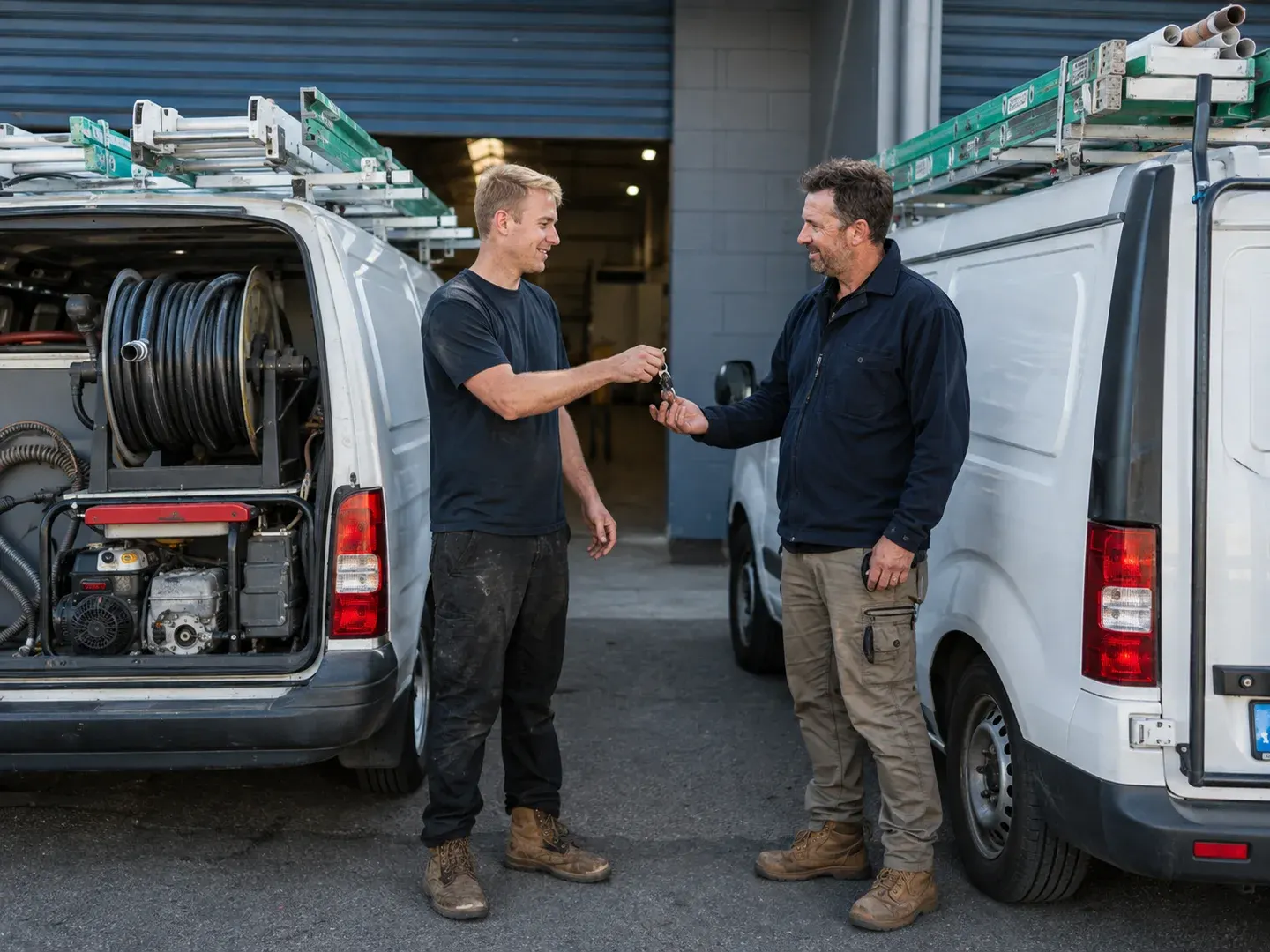 Illustrative scene: Two Australian commercial plumbing operators inspecting a recently acquired depot together, practical workwear, one handing vehicle keys to the other beside two work vans with roof ladders and neatly used drain-cleaning equipment. Not the actual customer or their asset.