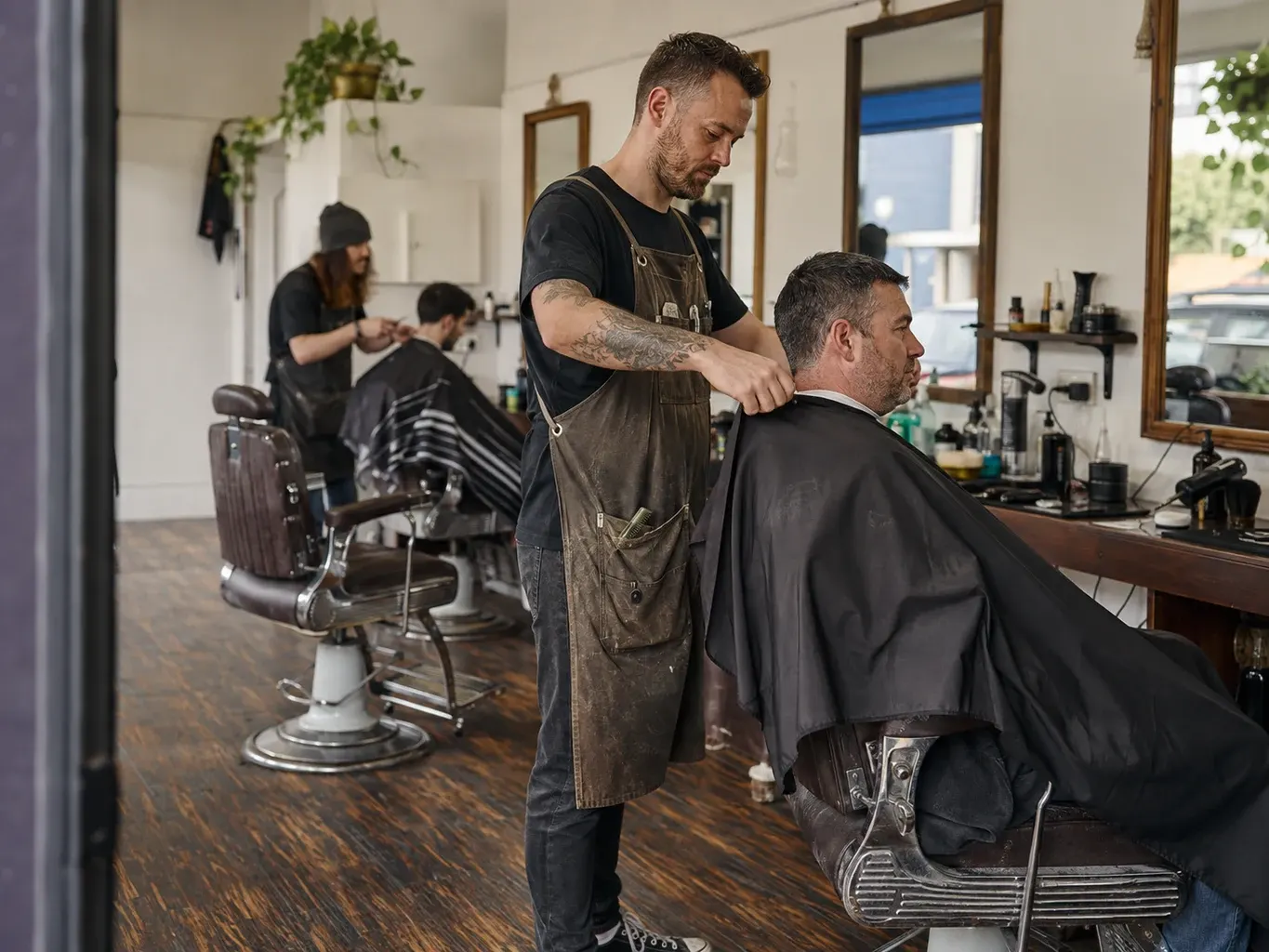 Illustrative business finance scene: Barbers serving customers in a neighbourhood shop with an additional barber chair