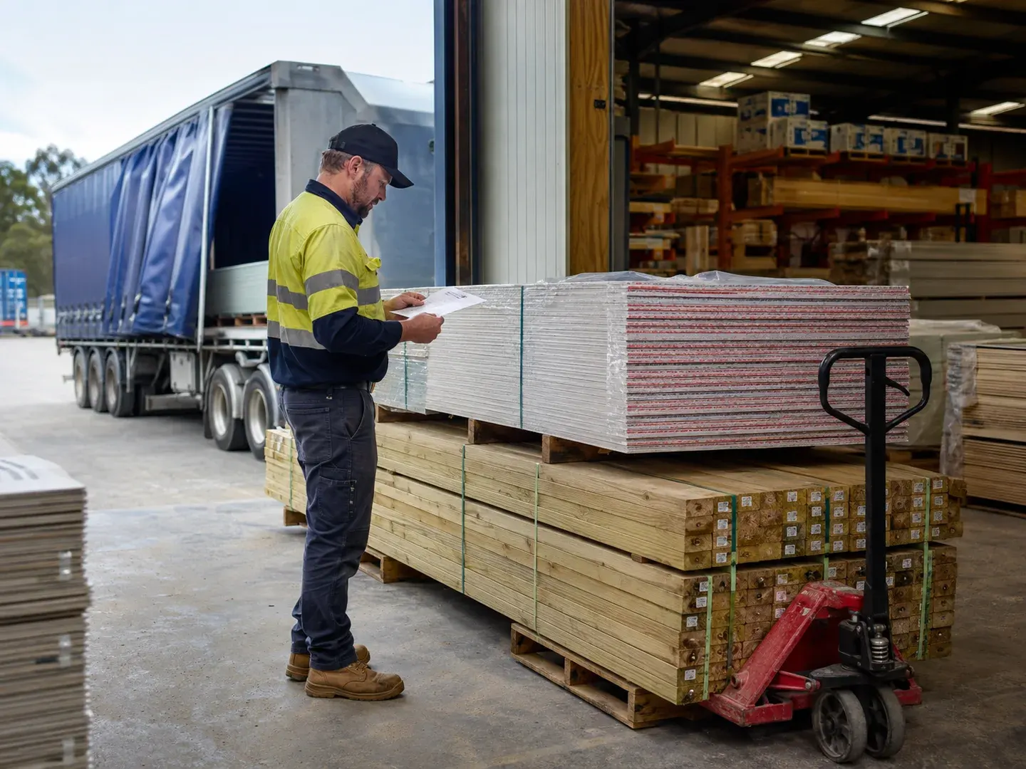 Illustrative scene: An Australian building-supplies business receiving a large confirmed-order stock delivery: packs of timber and plasterboard being checked against a plain docket by a workwear-clad operator in a warehouse loading area. Not the actual customer or their asset.