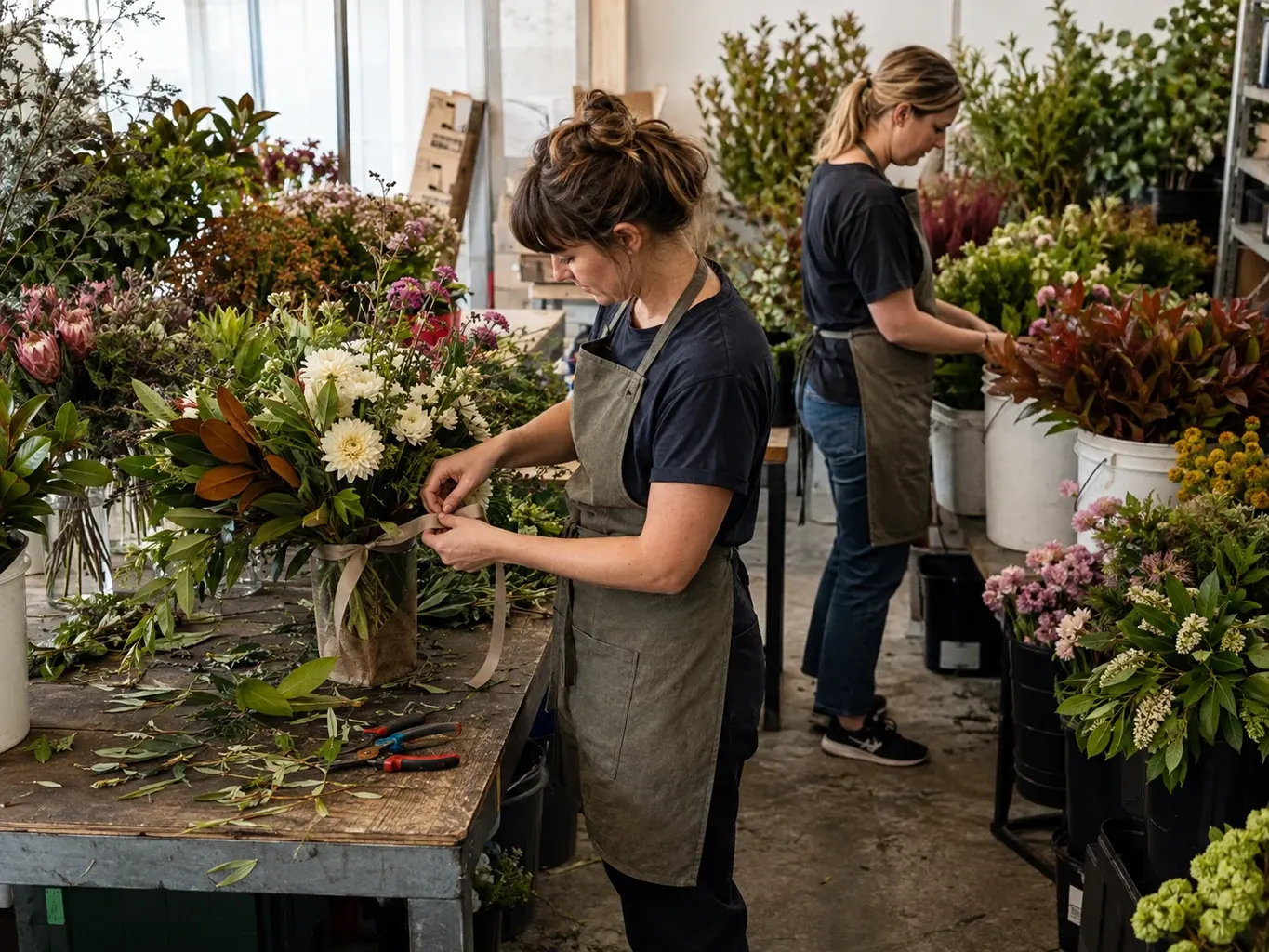 Illustrative business finance scene: Florists preparing a large event order at a working studio bench