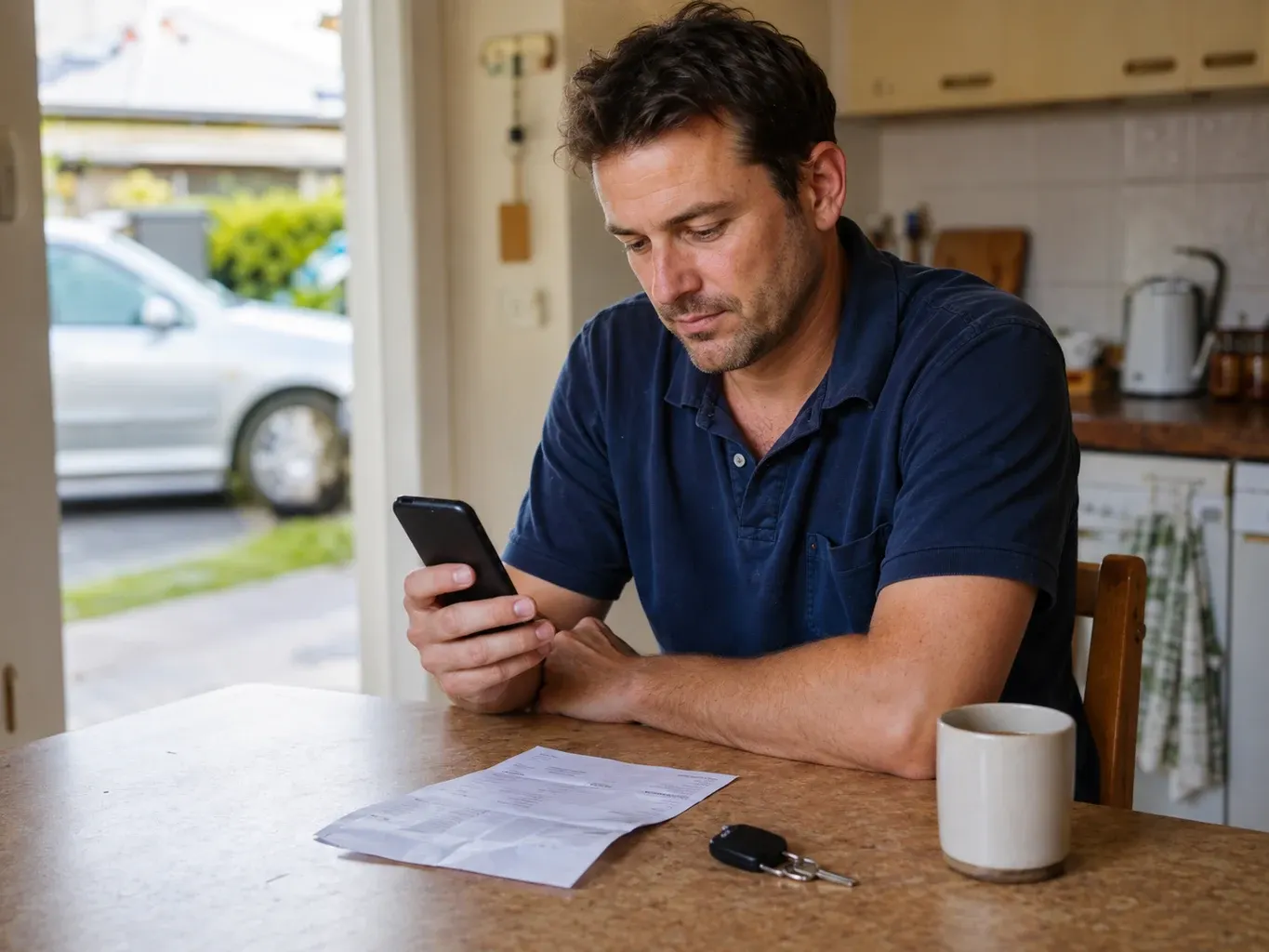 Illustrative everyday loan use case: an adult checking his phone at home with car keys and a repair quote on the kitchen table