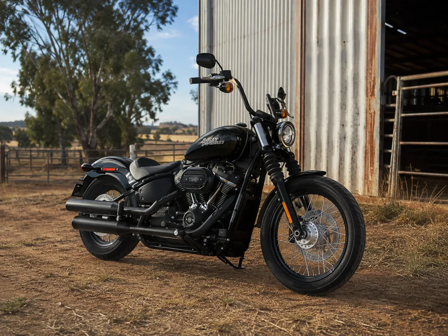 Illustrative scene: Accurate black 2024 Harley-Davidson Street Bob 114 motorcycle parked by a weathered farm shed in rural Australia, whole motorcycle in side three-quarter view, wire-spoke wheels, V-twin engine, high handlebars and recognisable tank badge. Not the actual customer or their asset.