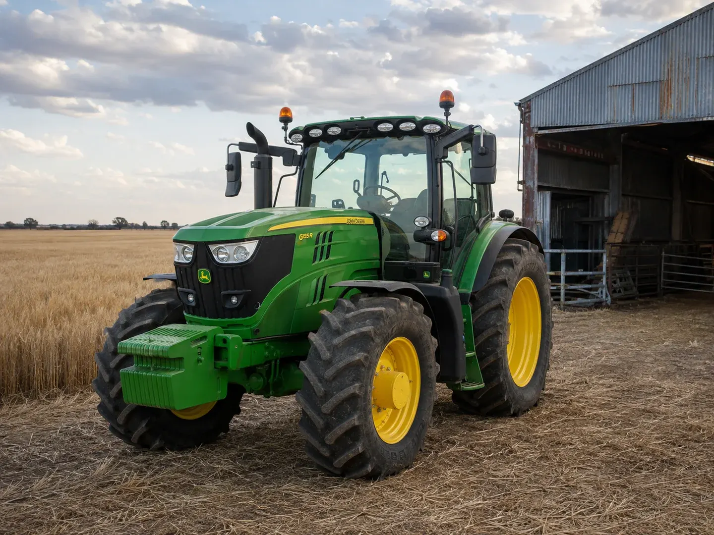 Illustrative scene: A green and yellow 2016 John Deere 6155R tractor beside a grain field on an Australian mixed grain and livestock farm, accurate 6R cab and bonnet, crisp recognisable John Deere deer logo, whole tractor three-quarter view, harvest stubble and a weathered farm shed, no people. Not the actual customer or their asset.