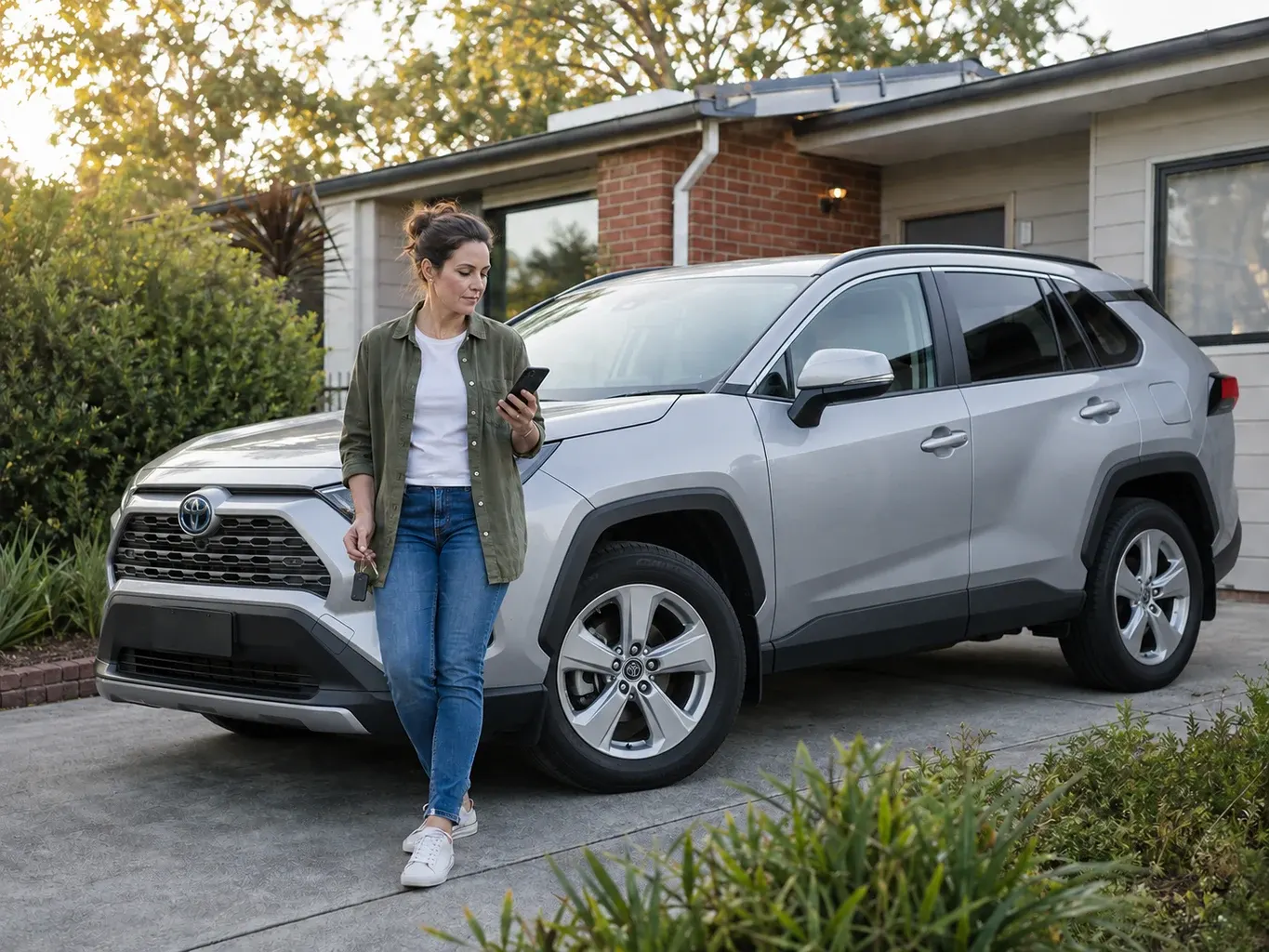 Illustrative secured personal loan scene: an adult checking her phone beside a silver Toyota RAV4 at home, holding car keys
