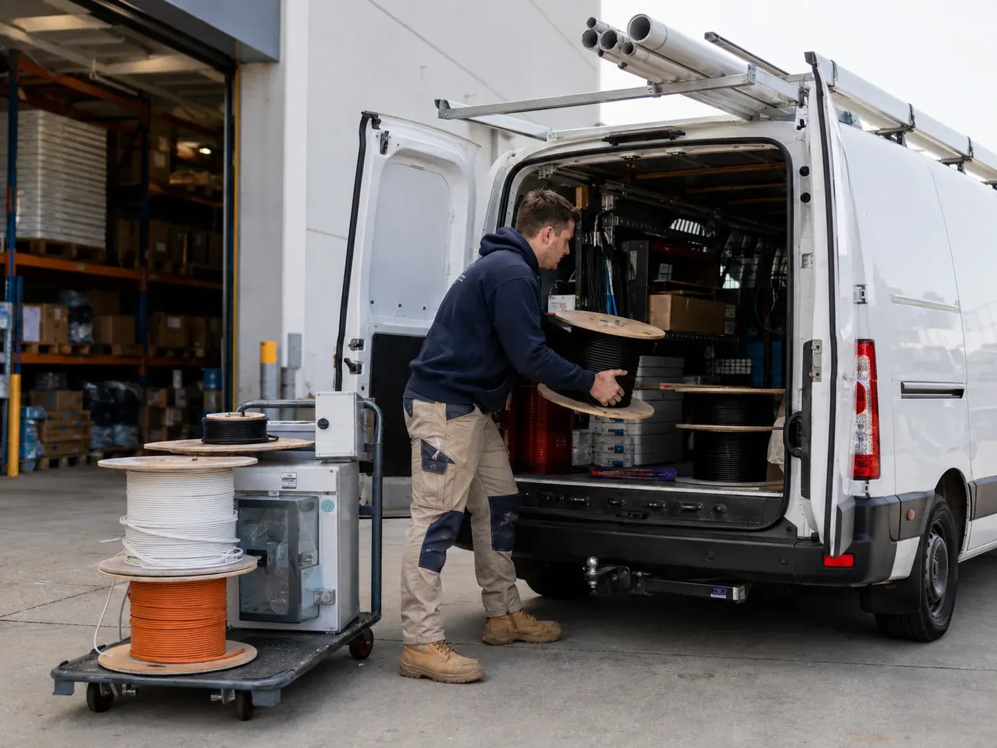 Illustrative scene: An Australian commercial electrical contractor loading reels of electrical cable, conduit and boxed switchgear into a work van at an electrical wholesaler before a job. Not the actual customer or their asset.