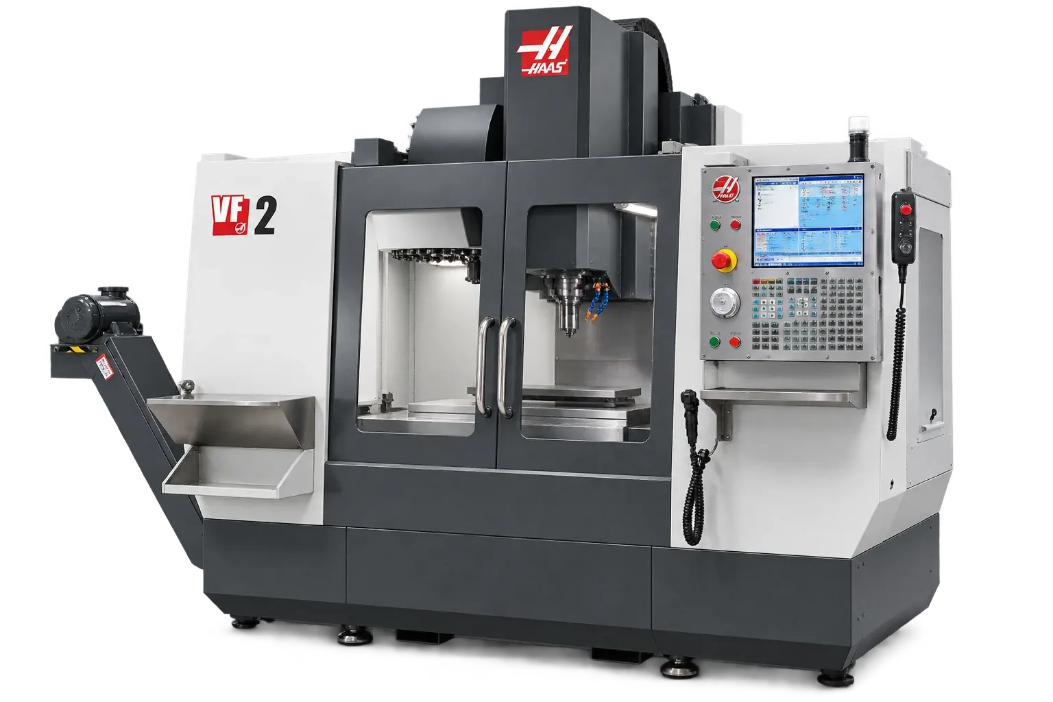 White and light-grey Haas VF-2 CNC machining centre — illustrative equipment graphic
