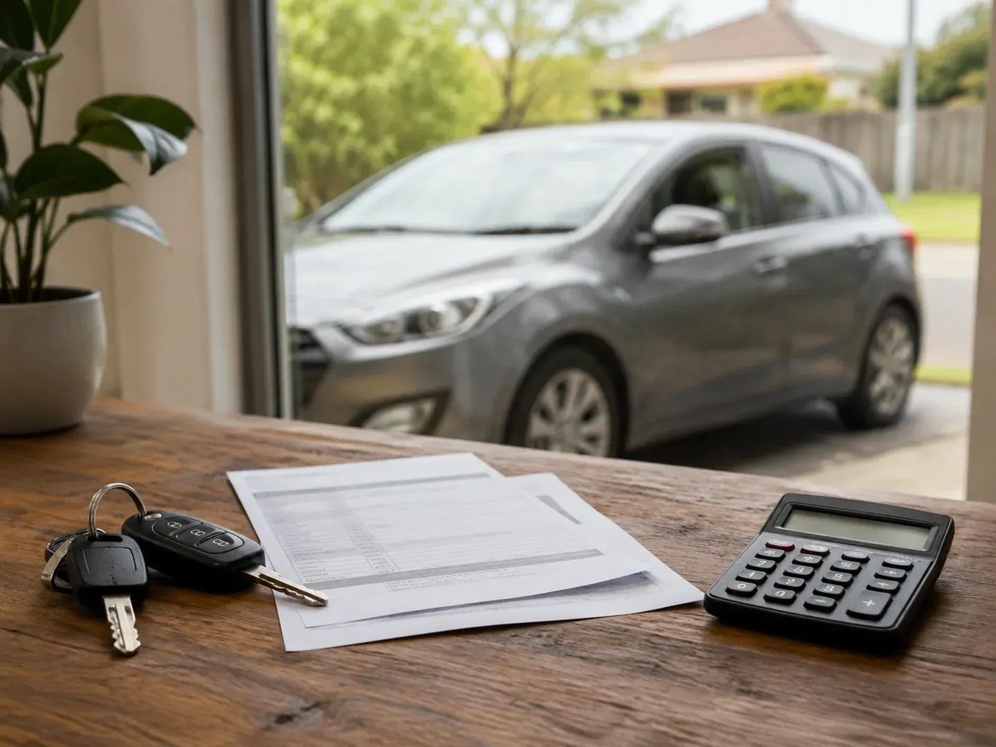 Illustrative scene: Close environmental still life inside an Australian home: a set of everyday car keys, calculator and two folded unbranded finance documents on a timber table, through a large window a circa-2020 ordinary car parked outside in soft focus. Not the actual customer or their asset.
