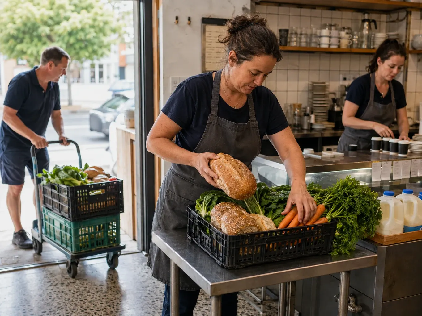 Illustrative cashflow funding use case: a neighbourhood cafe receiving a morning stock delivery while staff prepare for service