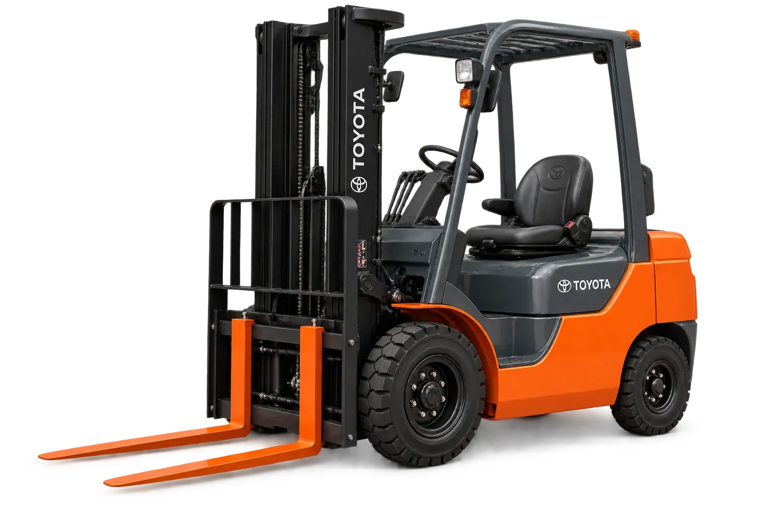 Orange and dark-grey Toyota counterbalance forklift — illustrative equipment graphic