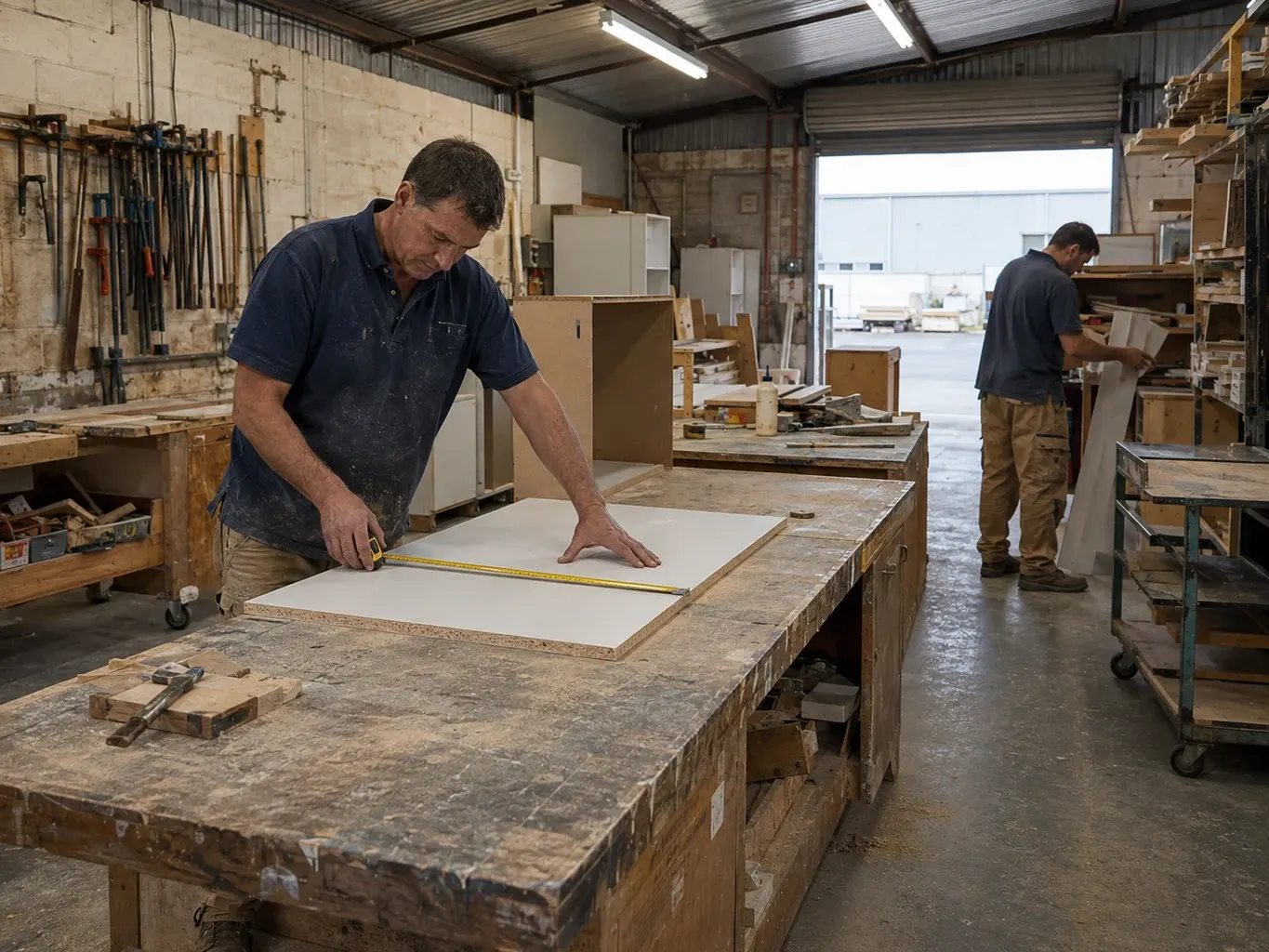 Illustrative Australian joinery business: tradespeople working on cabinet panels in a well-used workshop with scarred benches, offcuts and practical storage