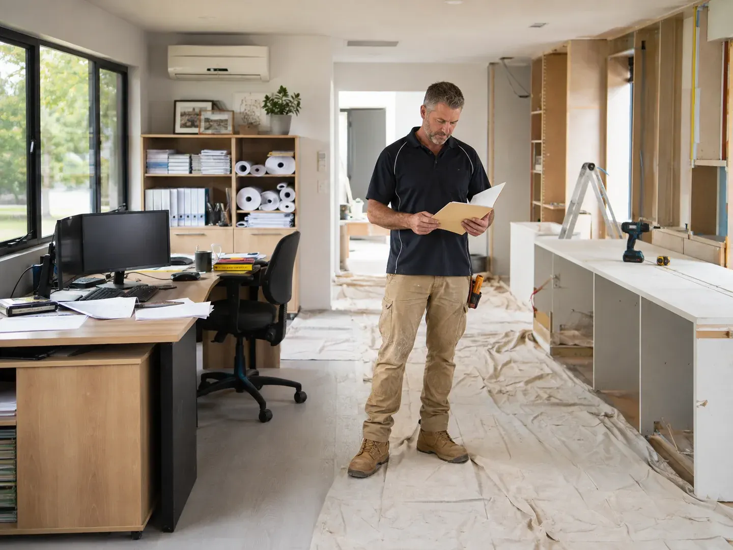 Illustrative scene: A small Australian residential construction company's office being refurbished: one side has finished practical desks and plan storage, the other has painters' drop sheets, new cabinetry being installed and a site manager reviewing a plain folder. Not the actual customer or their asset.
