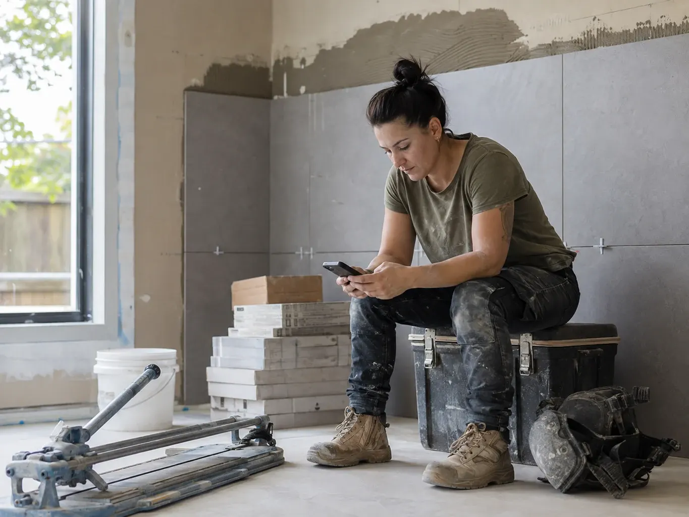 Illustrative business finance scene: A self-employed tiler checking her phone during a break at a residential renovation