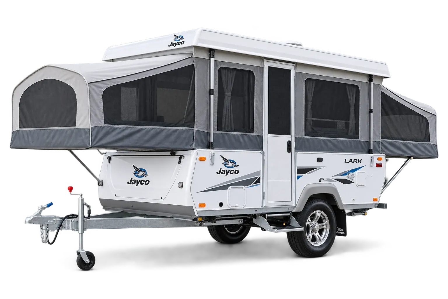 Jayco Lark camper trailer with roof raised illustrating finance for this type of vehicle or asset