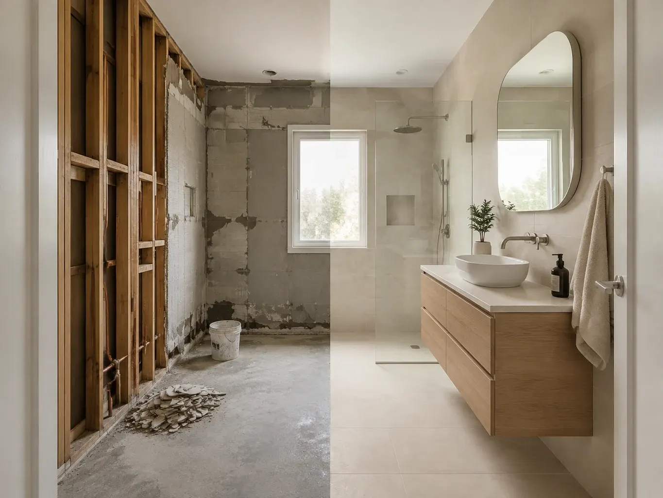 Illustrative bathroom renovation: exposed framing and stripped surfaces on the left, completed stone tiling and oak vanity on the right