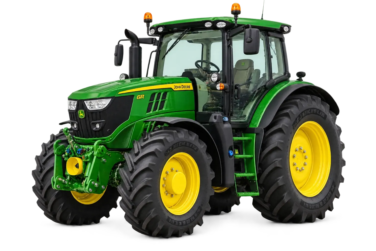 Green John Deere 6R tractor with yellow wheels — illustrative equipment graphic